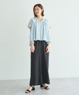 YECCA VECCA 刺繍カラーバルーンヘムブラウス Sax
