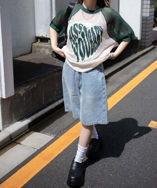 WEGO ハートロゴビッグメッシュニットT ダークグリーン