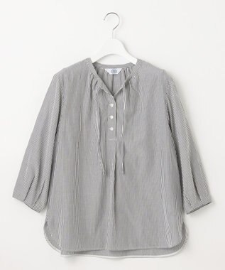 J.PRESS LADIES 【洗える】コットンアセVis ストライプ ギャザー ブラウス ネイビー系1