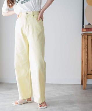 WEGO カラーウエストフィットワイドストレートパンツ ライトイエロー