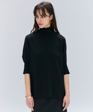 BEIGE， 【洗える】FLEUR / ニットコンビハイネック半袖ブラウス Black