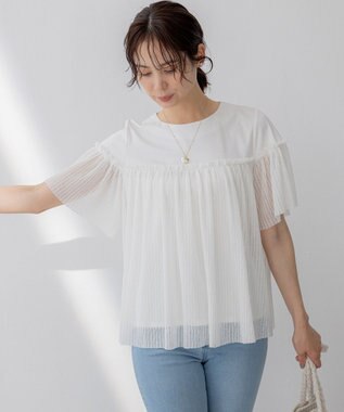 組曲 S プリーツコンビ5分袖 カットソー アイボリー系