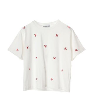 Green Parks ・Ｄｏｕｂｌｅ　Ｆｌａｇｓ　リボン刺繍ＴＥＥ Off White