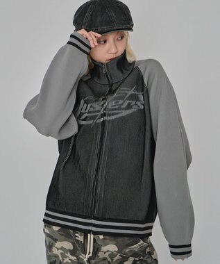 WEGO 【ユニセックス着用ITEM/MLサイズ展開】ラグラングラフィックニットブルゾン ブラック