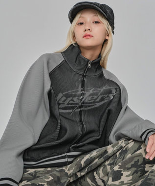 WEGO 【ユニセックス着用ITEM/MLサイズ展開】ラグラングラフィックニットブルゾン ブラック