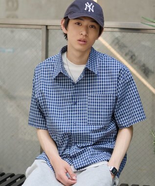 WEGO クロップドSSマイクロチェックシャツ ブルーチェック1