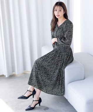 Tiaclasse L 【新色追加・洗える】シフォンギャザーワンピース ブラックフラワー