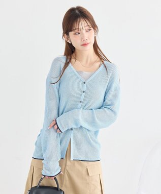 earth music&ecology バイカラーハリヌキカーディガン Light Blue