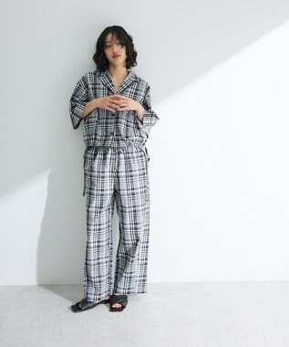 Green Parks 綿麻混裾ドロスト開襟シャツジャケット Check