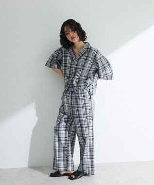 Green Parks 綿麻混裾ドロスト開襟シャツジャケット Check