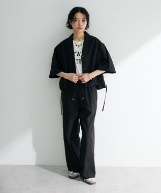 Green Parks 綿麻混裾ドロスト開襟シャツジャケット Black