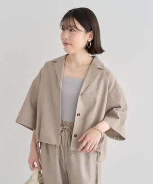 Green Parks 綿麻混裾ドロスト開襟シャツジャケット Light Beige