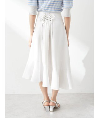earth music&ecology アシメペプラムフレアバックレースミディ丈スカート White