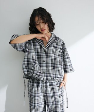 Green Parks 綿麻混裾ドロスト開襟シャツジャケット Check