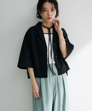 Green Parks 綿麻混裾ドロスト開襟シャツジャケット Black