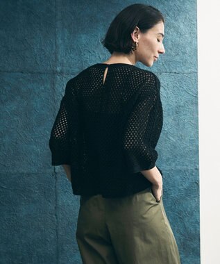 UNFILO L クロシェレースニット ハーフスリーブ プルオーバー ブラック