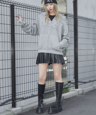 WEGO 【ユニセックス着用ITEM】ピグメントダメージアップリケZIPパーカー グレー