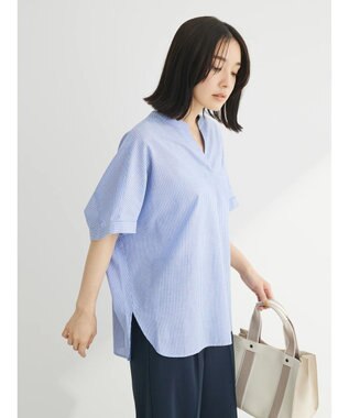 Green Parks 綿麻混フレンチスリーブスキッパーシャツ Stripe Blue