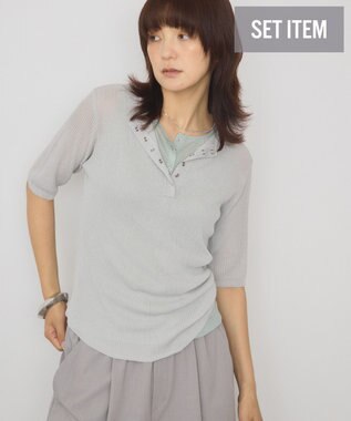 AMERICAN HOLIC 【2点セット】シアーリブヘンリーネックニット＋タンクトップ Light Gray