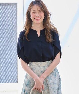 ANY SIS 【接触冷感・吸水速乾・UVケア】エアリードレープスムーススキッパー ブラウス ネイビー