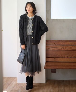 ANY 【洗濯機可】ツイードニットジャケット ブラック×ブラック