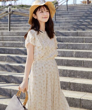 Tiaclasse 【小倉優子さん着用・洗える】フレアスリーブ柄ワンピース ベージュ