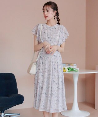 Tiaclasse 【小倉優子さん着用・洗える】フレアスリーブ柄ワンピース ラベンダー