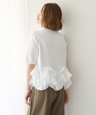 YECCA VECCA パール釦ラッフル5分袖カーディガン Off White