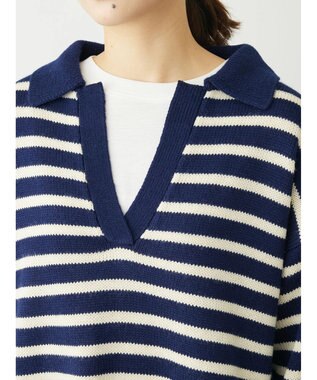 Green Parks キーネックボーダープルオーバー Navy