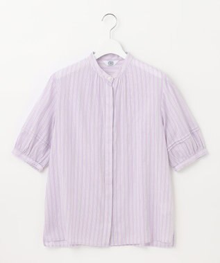 J.PRESS LADIES L 【洗える】綿キュプラコードストライプ バンドカラー ブラウス ふじ色系1