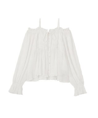 earth music&ecology シャーリングフリルオフショルブラウス Off White