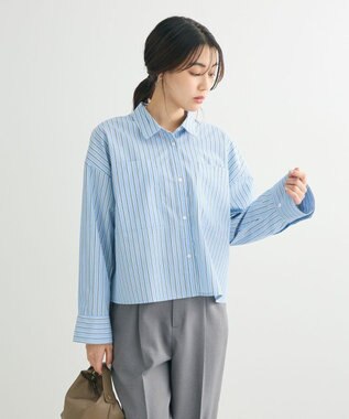 Green Parks イージーケアショート丈ストライプシャツ Blue