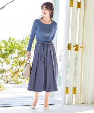 Tiaclasse 【洗える】異素材を組み合わせたミモレ丈リブコンビワンピース ブルー×ブルー