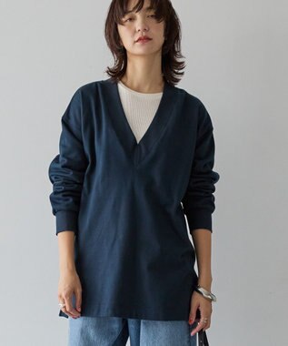 AMERICAN HOLIC Vネックサイドスリットロングスウェットプルオーバー/チュニック Navy