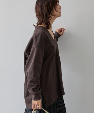 AMERICAN HOLIC Vネックサイドスリットロングスウェットプルオーバー/チュニック Brown