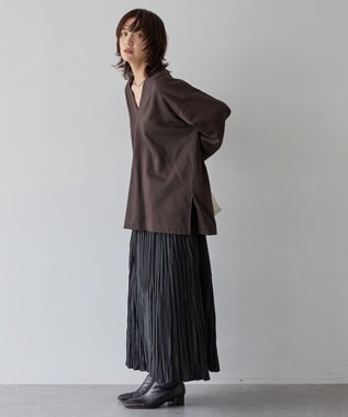 AMERICAN HOLIC Vネックサイドスリットロングスウェットプルオーバー/チュニック Brown