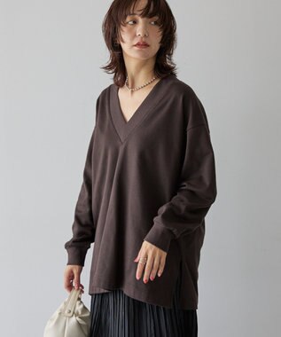 AMERICAN HOLIC Vネックサイドスリットロングスウェットプルオーバー/チュニック Brown