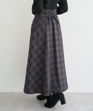 earth music&ecology バックレースアップスカート Check Navy