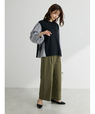 Green Parks 綿麻混タックストレートワイドパンツ Khaki