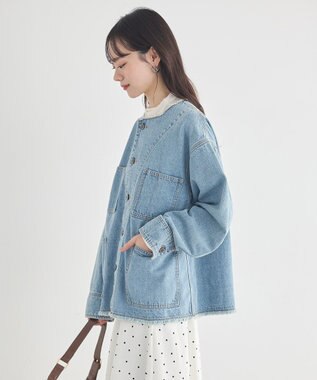 earth music&ecology 【綿100％】デニムノーカラーカバーオール Light Indigo