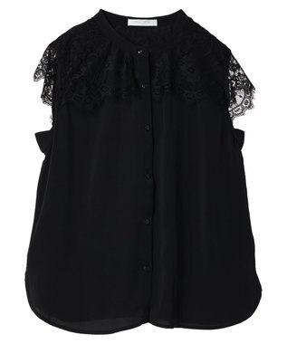 Green Parks 胸元レースフレンチスリーブブラウス Black