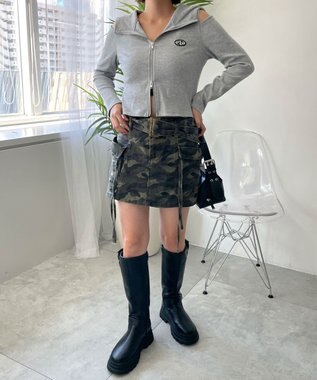 WEGO オープンショルダーダブルジップパーカー 杢グレー