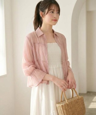 Feroux 【洗える】シャーリング シアーシャツ ピンク系