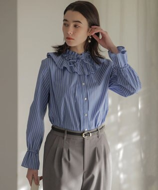 組曲 【2WAY】エアリーシャーティングフリル襟 ブラウス ブルーストライプ系1