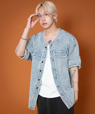 WEGO 【ユニセックス着用ITEM】ベースボールデニムグラフィックシャツ（SS） デニム淡加工色