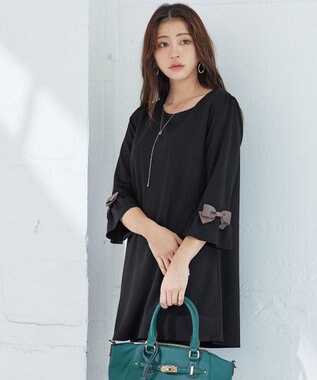 Tiaclasse 【洗える】グログランリボン付きフリル袖チュニック ブラック