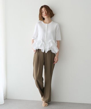 YECCA VECCA パール釦ラッフル5分袖カーディガン Off White