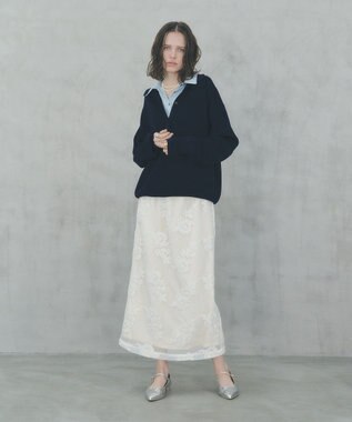 YECCA VECCA フラワー柄刺繍メッシュスカート Ivory