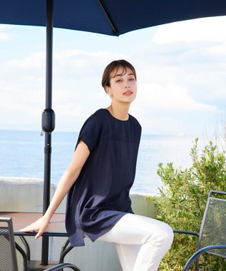 Tiaclasse L 【洗える】シアーコンビチュニックブラウス ネイビー