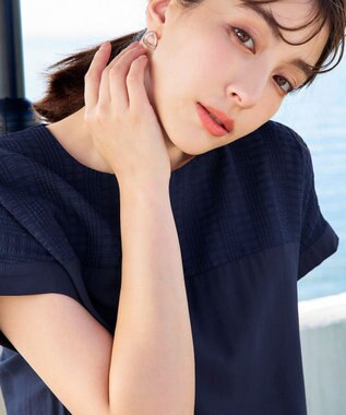 Tiaclasse L 【洗える】シアーコンビチュニックブラウス ネイビー